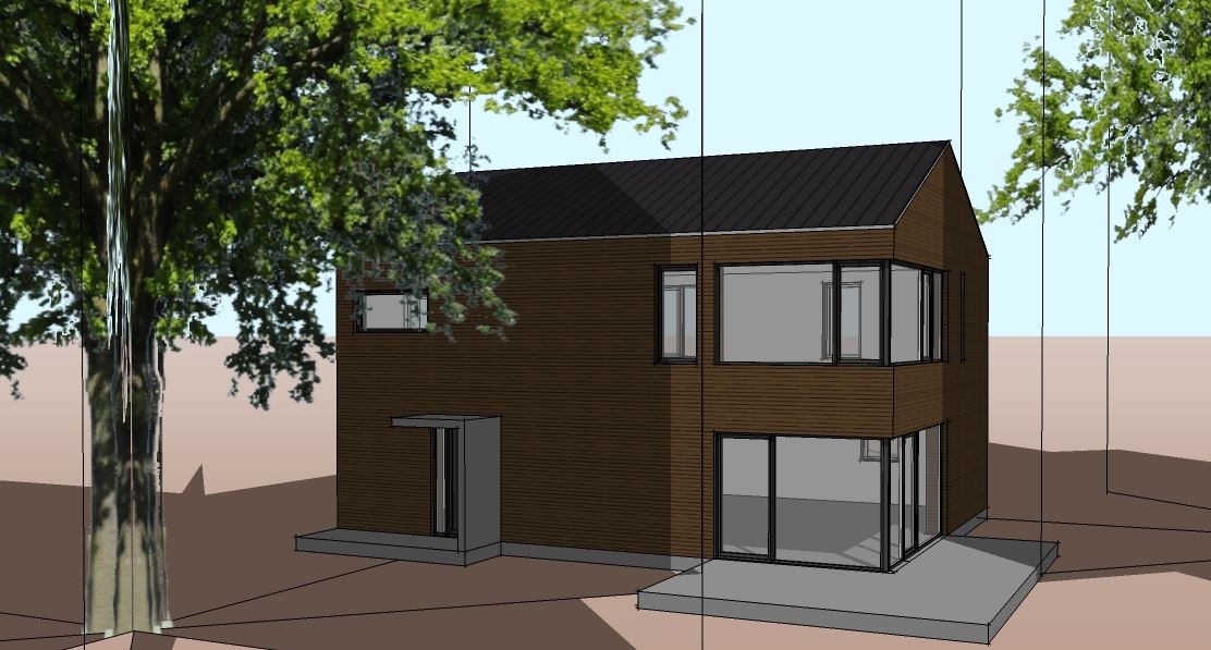 3D-Entwurf eines Wohnhauses mit Holzfassade und Satteldach